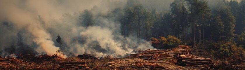 Obraz premium A forest fire burns through a logged area, with smoke billowing among remaining trees in a dense woodland setting.
