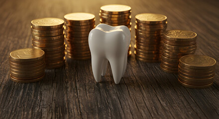 Tooth Surrounded by Gold Coins on Wood Surface Symbolizing Dental Expenses and Financial Investment in Healthcare