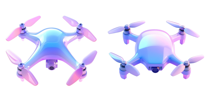 Glossy 3D Drone Icon Rendered In Pastel Blue And Pink Tones Against Transparent Background - Powered by Adobe