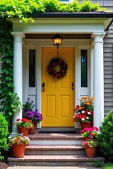 Fototapeta premium Brightly colored potted plants and flowers adorn a charming front porch, creating a welcoming and vibrant entrance to a home , summer decor, spring