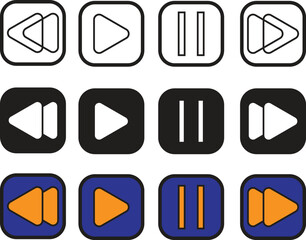 Multimedia player control icons including rewind, play, pause, and fast forward in thin, filled, and colored styles – transparent background
