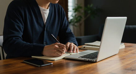 自宅でノートPCで勉強をする男性の手元 