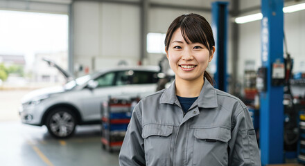 整備工場で笑顔で立つ女性整備士 