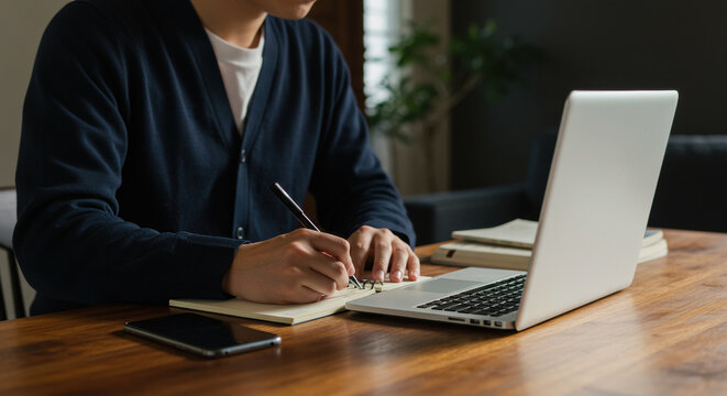 自宅でノートPCで勉強をする男性の手元
