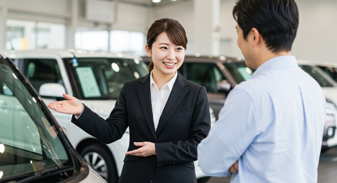 車の案内をするビジネスウーマン
