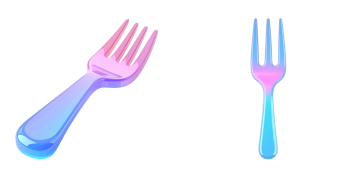 Glossy Pastel Fork Icon Digitally Rendered Featuring Blue Pink And Purple Gradient Colors Against Transparent Background