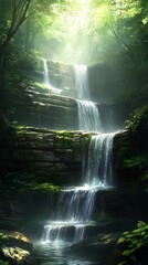 Serene waterfall cascading through a lush green forest landscape scene