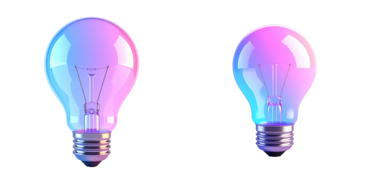 Glossy 3D Light Bulb Icon With Pastel Blue Pink And Purple Color Gradient Shining On Transparent Background