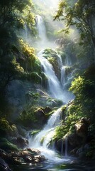 Enchanting waterfall cascading through lush green forest creating a tranquil scene