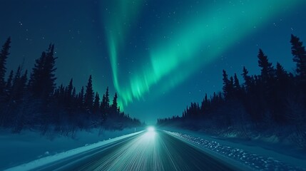 Breathtaking aurora borealis over a snowy road at night with car headlights