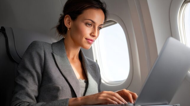 Businesswoman working on laptop during flight, comfortable airplane travel - Powered by Adobe