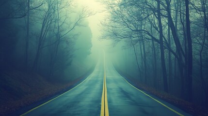 Mystical road through misty forest landscape with trees and fog ahead