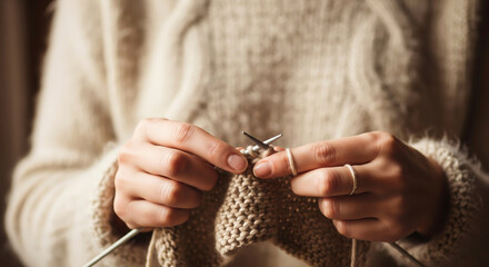 Hands knitting cozy fabric. Creative handicraft, relaxing hobby, and potential small business activity.