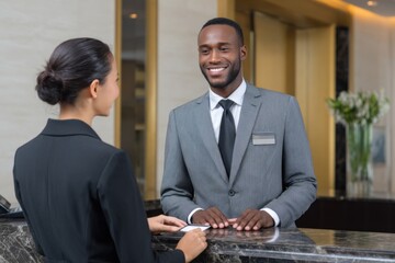 Smiling hotel receptionist assisting guest at check in counter