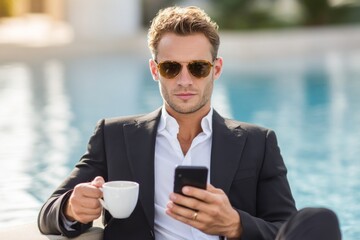 Businessman drinking coffee and using smartphone by the pool