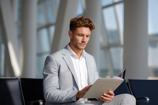 Businessman reading magazine while waiting at airport - Powered by Adobe
