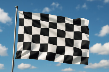 Black and white checkered flag flying in the sky.