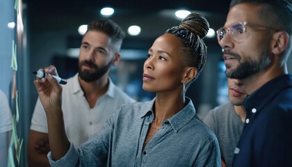 Focused business team brainstorming and planning on sticky notes in office at night