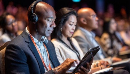 Businessman using tablet and headphones during conference presentation
