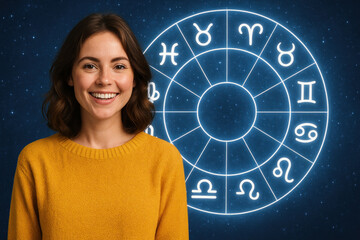 Woman smiling with zodiac signs in the background.