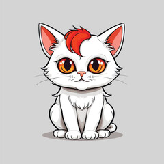 Obraz premium Adorable Cartoon Cat Illustration: A cute, white kitten with bright orange eyes and a tuft of red hair, sitting serenely against a neutral background, perfect for children's book illustrations or
