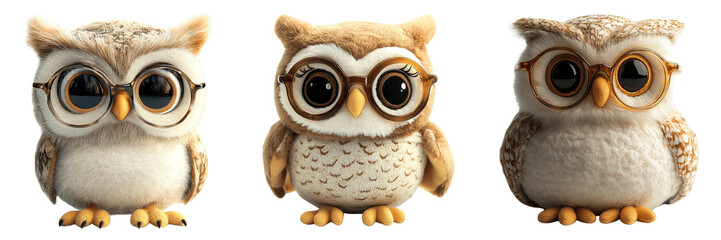 Set of Cute Plush Owl Toys Wearing Round Glasses with Soft Fur and Big Eyes Isolated on Transparent Background