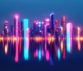 Fototapeta premium Futuristic Neon City Skyline with Colorful Reflections on Water in Vibrant Cyberpunk Night Scene