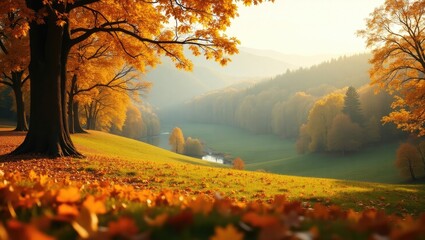 Fototapeta premium Golden autumn sunlight bathes a rolling landscape of vibrant yellow and orange foliage, scattered leaves carpeting a grassy field leading to a tranquil river valley