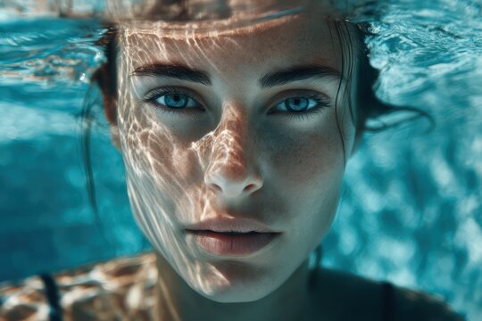 A woman submerged just below the surface of a pool sunlight refracted in ripples across her skin sharp caustic - Powered by Adobe
