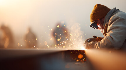 a welder at work, sparks flying, in the soft golden light of early morning or late afternoon. The welder is engrossed in his task, wearing protective gear