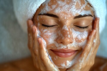 Woman washing face with cleanser for skincare routine and wellness