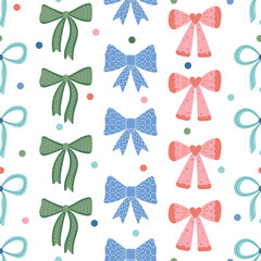 Seamless pattern with various cute bow knots, gift ribbons. Hand drawn vector illustration. Can be used in textile industry, paper, background, scrapbooking.