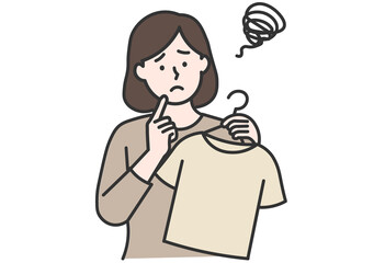 Woman Worrying About What to Wear
An illustration of a woman looking confused while holding a T-shirt on a hanger. She appears unsure about what to wear. 