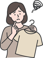 Woman Worrying About What to Wear
An illustration of a woman looking confused while holding a T-shirt on a hanger. She appears unsure about what to wear. 