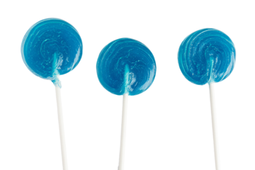 three blue lollipops on a stick against a white background