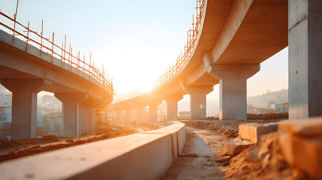 A concrete road bridge spans across the image with sunrise shining