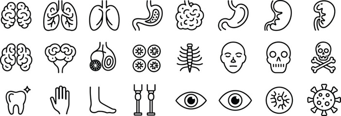 Anatomy and health icons – vector illustrations of organs, brain, skeleton, viruses, eyes, bones, lungs, stomach, skulls, and body parts