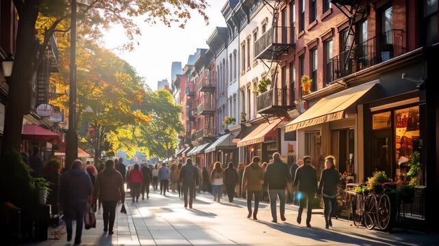 Autumn Sunlight on a Bustling City Street: Pedestrians Stroll Past Shops and Brownstones