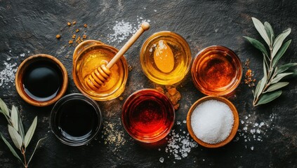 Various cooking ingredients in small bowls on a dark surface.