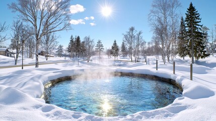 Serene Winter Hot Spring Sunny Sky, Snow Covered Trees, and Steaming Water