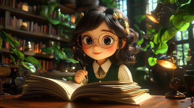 Charming Girl in a Cozy Library Setting - Powered by Adobe