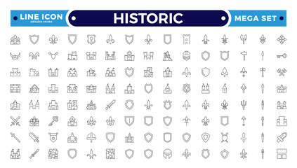 Historic Outline icon set. Heritage Center icon set. Contain linear outline icons: historical, guide, expo, culture, al, sculpture, museum, and more. Editable stroke outline icon. 
