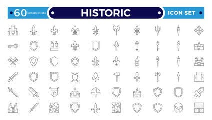 Historic Outline icon set. Heritage Center icon set. Contain linear outline icons: historical, guide, expo, culture, al, sculpture, museum, and more. Editable stroke outline icon. 

