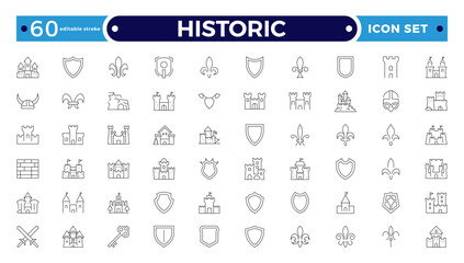Historic Outline icon set. Heritage Center icon set. Contain linear outline icons: historical, guide, expo, culture, al, sculpture, museum, and more. Editable stroke outline icon. 
