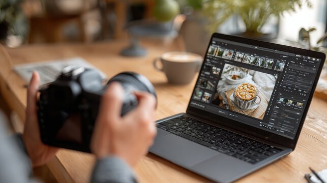 A person edits a close-up photo of a dessert on a laptop while holding a DSLR camera in a cozy, blurred background setting.