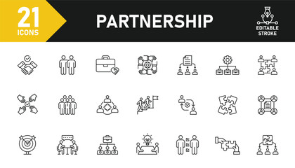 Partnership line icon set. Set of 21 outline icons related to partnership, teamwork, collaboration, community, cooperation, support, team and others. Editable stroke. Vector illustration.