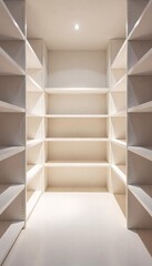 Empty shelves in a minimalist, brightly lit storage room, suggesting a clean, organized abstract concept of storage , abstract, interior