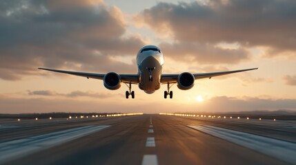 Fototapeta premium Green hydrogen infrastructure. Airplane taking off at sunset on a runway with dramatic sky backdrop.