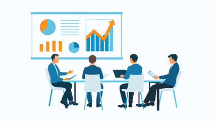 Four business people at a table looking at a presentation with charts and graphs on a screen