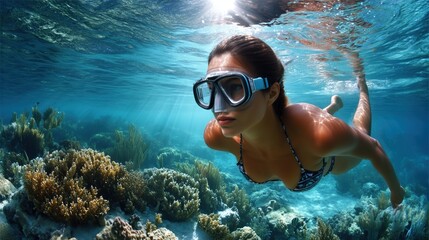 Fototapeta premium Woman snorkeling exploring beautiful coral reef in tropical sea